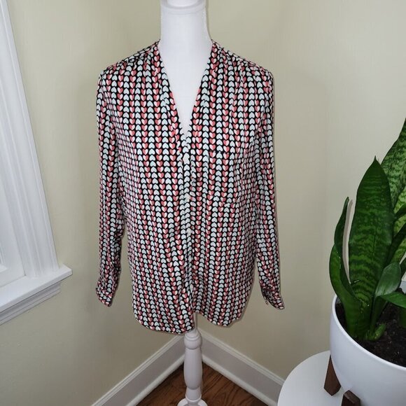 GAP V-Neck Blouse Red & Blue Hearts Pattern Long Sleeves Flowy Women's Size XS - Picture 2 of 14